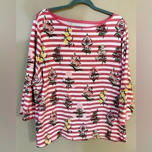 Talbots 3X Floral on Stripe 3/4 Sleeve Ballet Neck Top